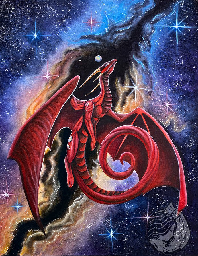 Dragon art: Red dragon soaring though a rip in a nebula undulating behind him.
