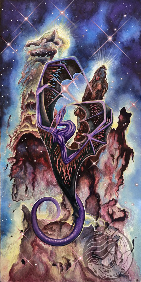 A purple dragon with black wings soars upwards, the Eagle Nebula, or Pillars of Creation, is seen in the background.