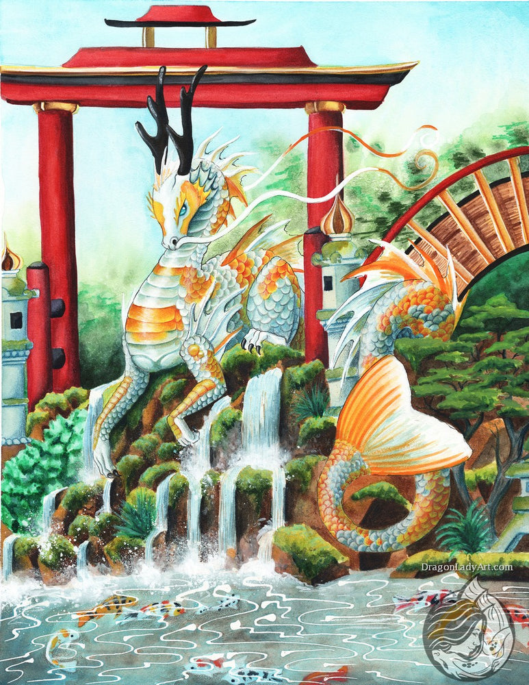 Dragon Art: Eastern dragon with koi colors in a Japanese garden with a red gate and a bridge behind her.