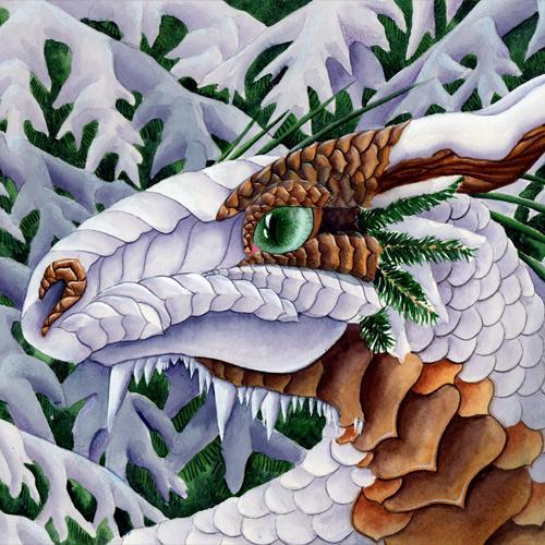 Dragon Art: White dragon bust in front of snow covered pines. The dragon has horns that look like wood and details that mimic pine cones.
