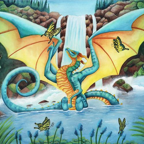 Dragon Art: Teal and golden dragon sitting in a pond with a waterfall in the background. Butterflies flutter around him with blue flowers along the edge of the pond.