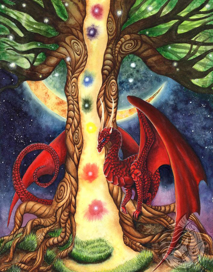 Dragon art: A red dragon wrapped around a tree that is cracked open, it has lights spilling out and 7 rainbow glowing lights representing the 7 chakras.