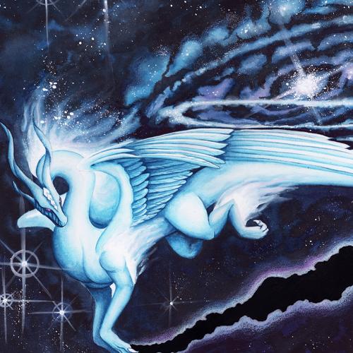 Dragon Art: White dragon soaring through space trailing a spiral galaxy behind him.