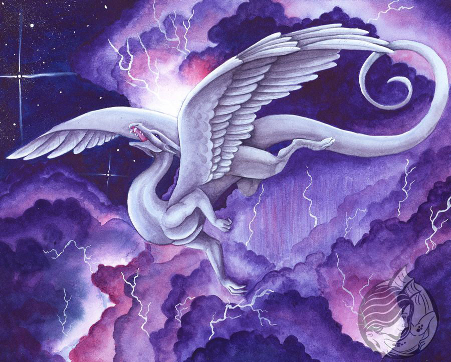 Dragon Art: White dragon soaring happily in front of purple and pink storm clouds lit up by lighting.