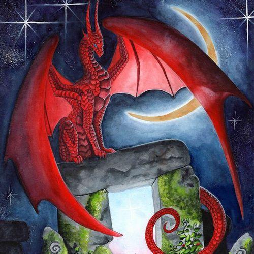 Dragon art: Red dragon sitting on a monolith Stonehenge in front of a crescent moon.