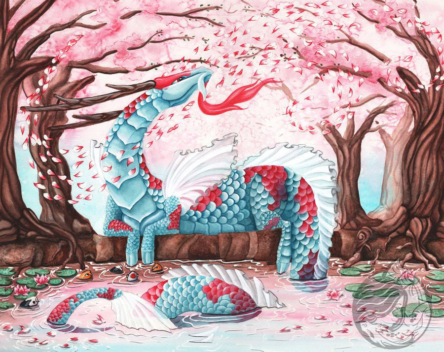 Dragon art: Pink and blue eastern dragon with koi patterning on a river bank with cherry trees around her. Cherry blossoms swirl in the breeze.