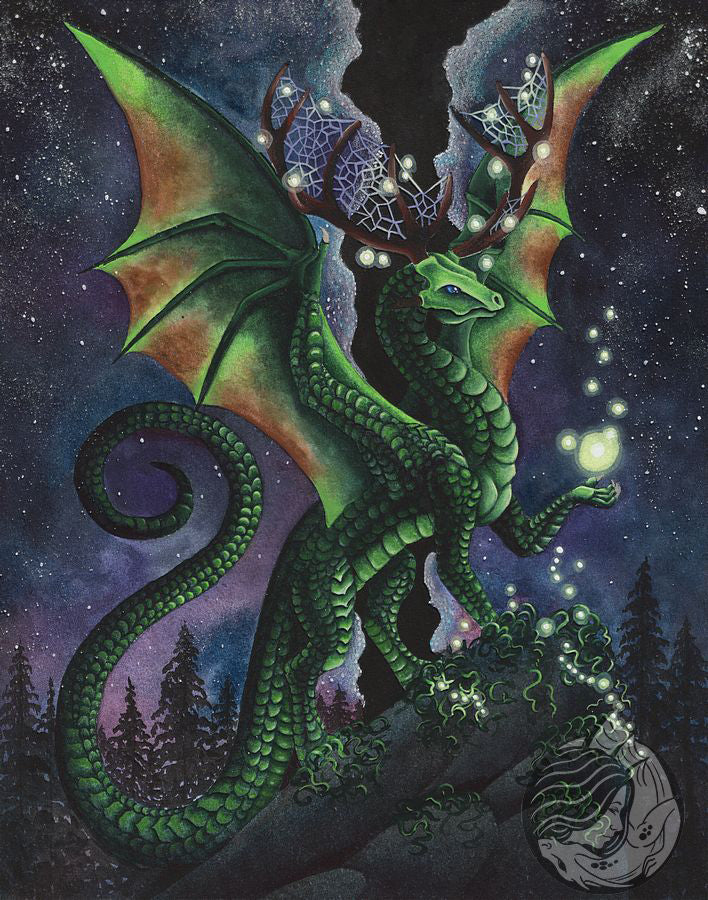 Dragon art: Green dragon with antlers on a cliff in the forest. Its nighttime and lights are fliting and floating around him.