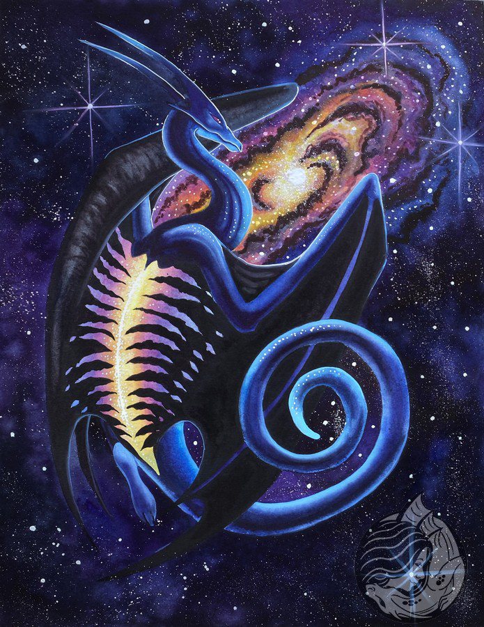 Dragon Art: Blue space dragon with black wings protecting a spiral galaxy in its wings.