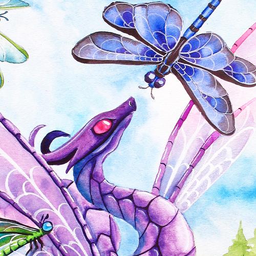 Dragon Art: Purple dragonfly dragon playing with jewel colored dragonflies in a spring landscape