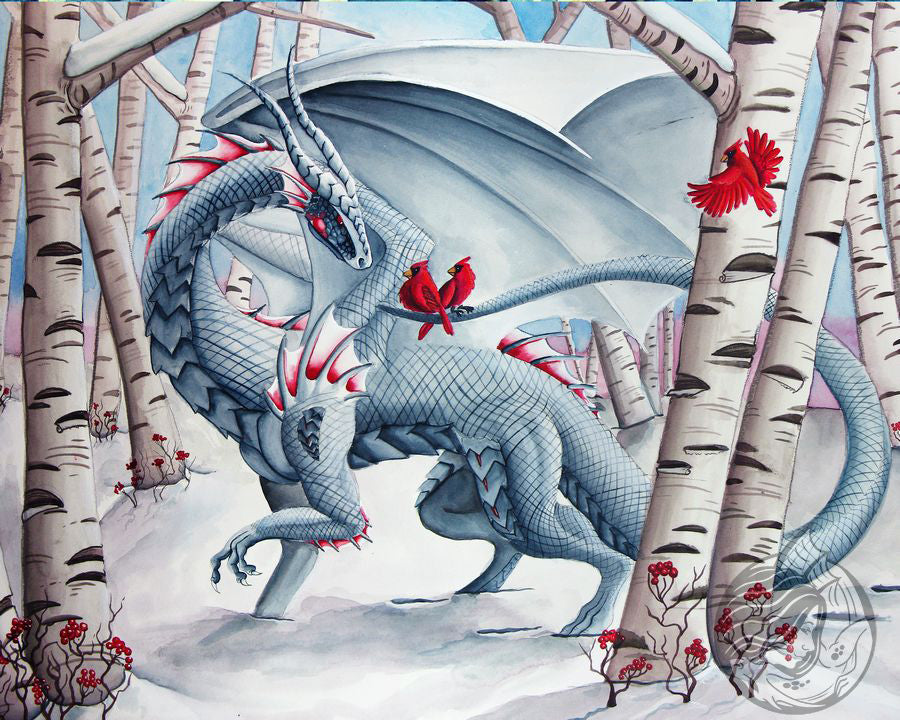 Dragon Art: White dragon walking though the snow in a birch forest. There are 2 cardinals perched on her tail looking at her, with a third flying in her.