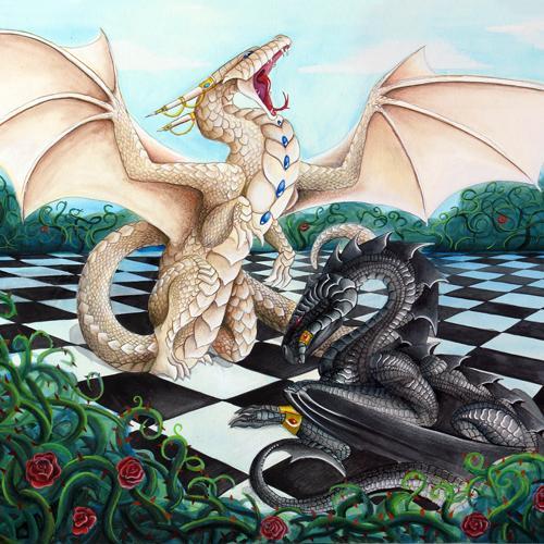Dragon Art: White queen dragon is overtaking a black king dragon on a chessboard surrounded by red rose bushes with large thorns.