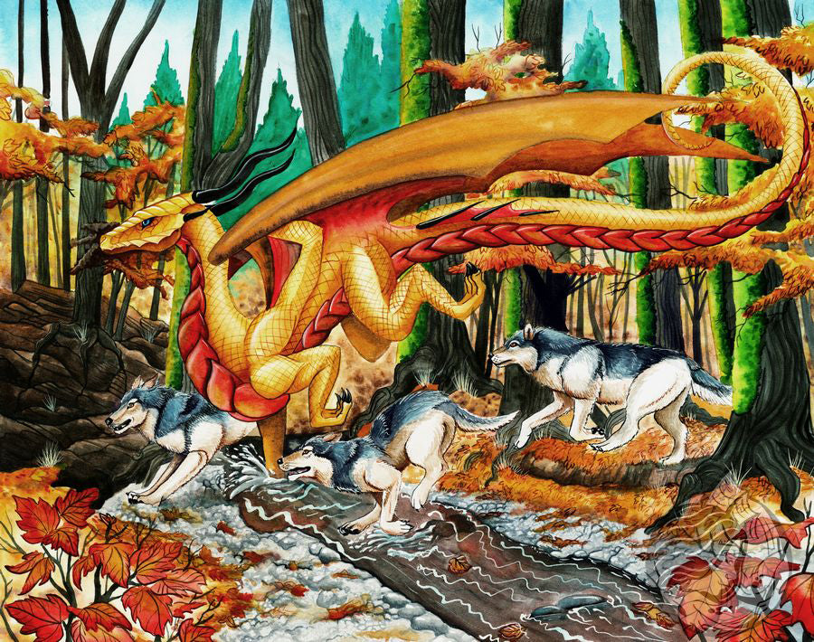 Dragon Art: Golden Autumnal dragon running through a forest stream with 3 wolves running along side. The background is thick golden changing forest trees.
