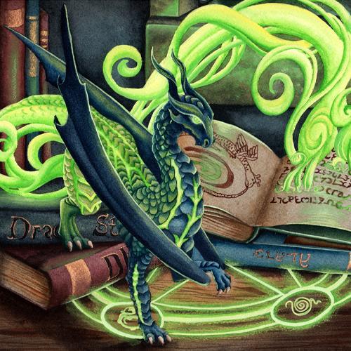 Dragon Art: Blue dragon flowing out of a spell book in a woosh of green light. The spell book in open on a table with a glowing spell circle and surrounded by wizards tools.