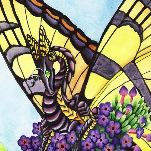 Dragon Art: Dragon with yellow tiger butterfly wings perched on a purple flower