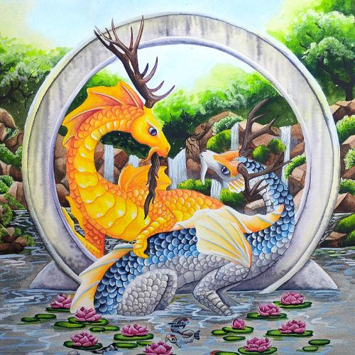 Dragon art: 2 koi colored eastern dragons surrounded by water lilies in front of a round gateway.