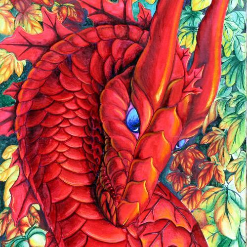 Dragon Art: Red dragon bust with blue eyes, walking past a wall of ivy and the leaves are changing to red as she passes.