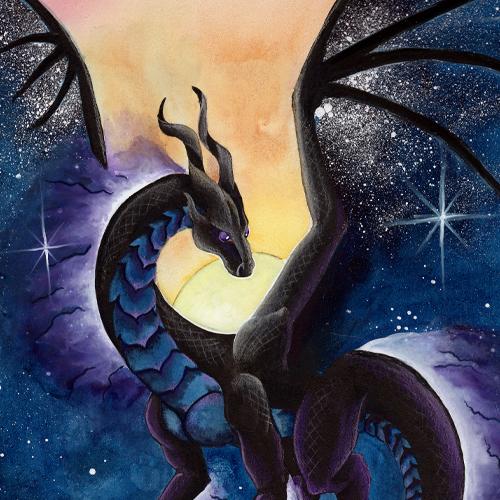Dragon Art: Black dragon with the night sky as wings, standing on a rock outcropping with the setting sun behind her.