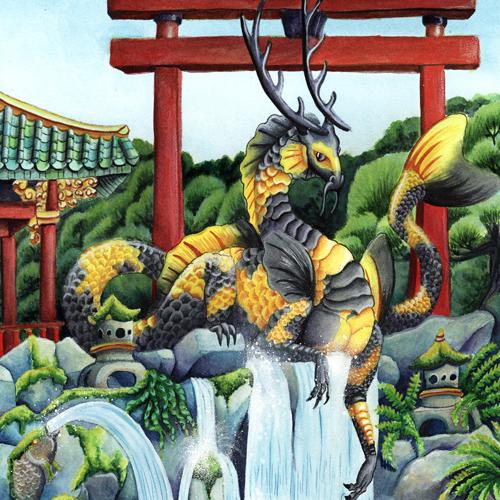 Dragon Art: Black and gold colored eastern dragon in a Japanese garden in front of a red gate.
