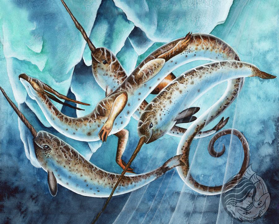 Dragon Art: A pod of 2 narwhals swimming with a dragon that is the same color and has twisting horns like narwhal tusks. There are icebergs under the water behind them.