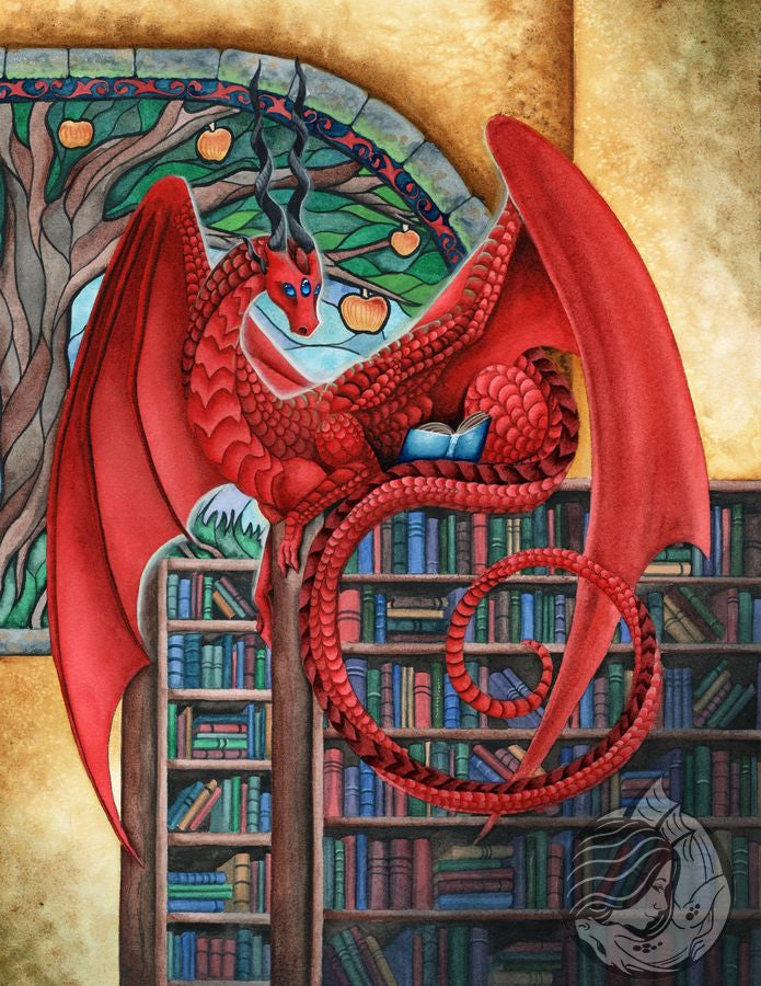 Dragon Art: Red dragon sitting on a bookshelf filled with book in a library. There is a stained glass window with an apple tree set behind him.