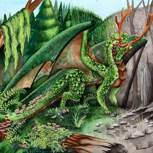 Dragon Art: A dragon made of the forest itself, leaves, moss, and wood, is walking though a landscape of burned and charred forest. She is bringing the life of the forest back after a death of fire.