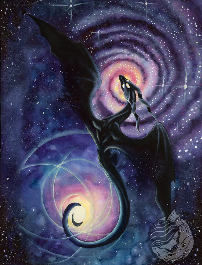 Dragon Art: Black dragon soaring though the night sky in front of a nebula cloud of blues, purples, and creams. The dragon is carrying a star clasped to his chest.