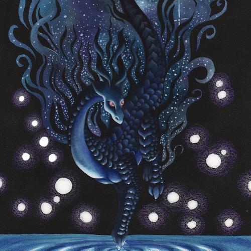Dragon Art dark blue dragon landing on the surface of Water