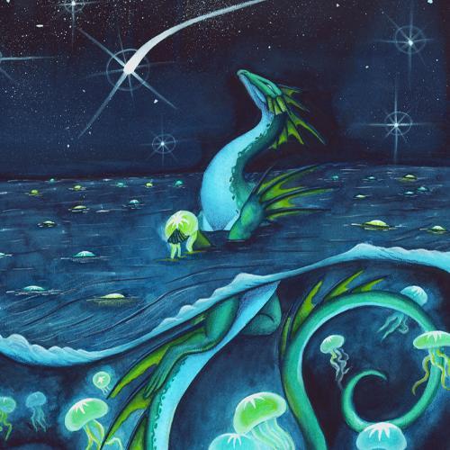 dragon art: Teal and blue dragon swimming with jelly fish while looking at a shooting star.