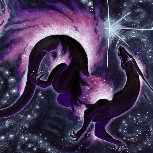 Black dragon art with nebula fins dancing with stars.