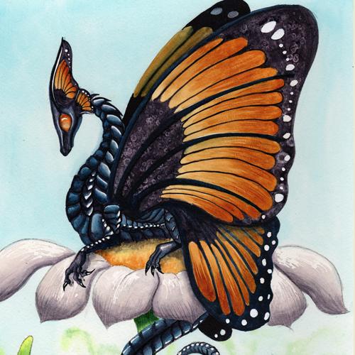 Dragon Art: Black Dragon with orange monarch butterfly wings sitting on a daisy flower.